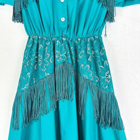 Lilia Smitty 80s Vintage Western Maxi Dress Size 3/4 Small Fringe Rodeo Lace - Picture 4 of 12